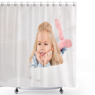 Personality  Happy Adorable Child Lying In Bed And Watching Cartoons On Laptop Shower Curtains