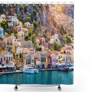 Personality  View Of The Beautiful Greek Island Of Symi (Simi) With Colourful Houses And Small Boats. Greece, Symi Island, View Of The Town Of Symi (near Rhodes), Dodecanese. Shower Curtains