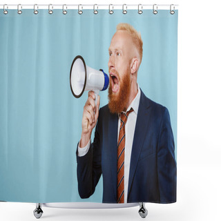 Personality  Angry Bearded Businessman Shouting Into Megaphone, Isolated On Blue Shower Curtains