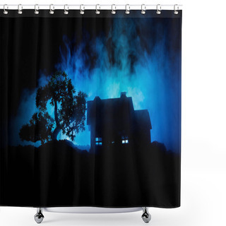 Personality  Old House With A Ghost In The Forest At Night Or Abandoned Haunted Horror House In Fog. Old Mystic Building In Dead Tree Forest. Trees At Night With Moon. Surreal Lights Shower Curtains