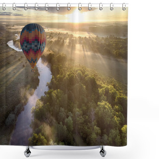 Personality  Hot Air Balloon Over River On Sunset Shower Curtains