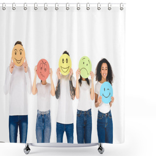 Personality  Young Multicultural Friends In White T-shirts Holding Signs With Face Expressions Isolated On White Shower Curtains