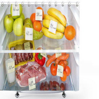 Personality  Open Fridge Full Of Fruits, Vegetables And Meat With Marked Calories Shower Curtains