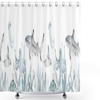 Personality  Watercolor Seamless Border With Blue Underwater World, Shark, Stingray, Jellyfish, Octopus, Crab, Algae, Corals Shower Curtains