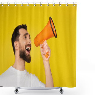 Personality  Brunette Bearded Man Shouting In Megaphone While Looking Away Isolated On Yellow Shower Curtains