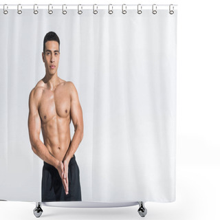 Personality  Handsome Athletic Mixed Race Man With Folded Hands Looking At Camera On White Shower Curtains