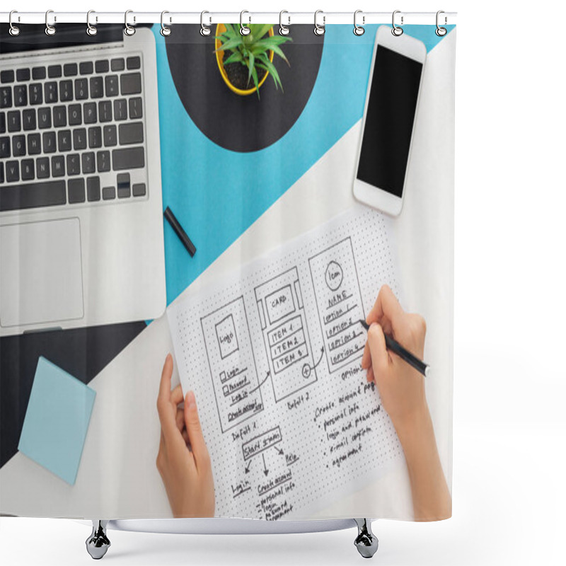 Personality  cropped view of woman holding website design template and felt-tip pen near laptop, smartphone, plant on abstract geometric background shower curtains