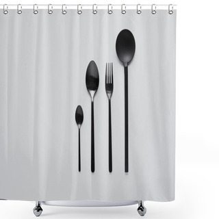 Personality  Top View Of Black Various Spoons, Fork And Salad Spoon On White Table, Minimalistic Concept Shower Curtains