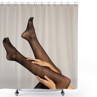 Personality  Cropped View Of Woman With Legs In Air, Wearing Black Tights Isolated On Grey Shower Curtains