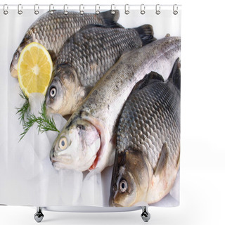 Personality  Fresh Fish On White Background With Ice And Lemon Shower Curtains
