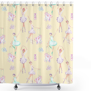 Personality  Seamless Pattern With Watercolor Ballet Dancers, Puppet Unicorns And Pointe Shoes Shower Curtains
