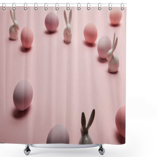 Personality  Toy Bunnies And Chicken Easter Eggs On Pink Background With Copy Space  Shower Curtains