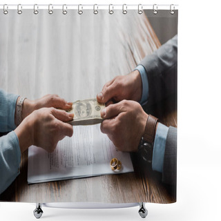 Personality  Partial View Of Lawyer And Client Holding Dollar Banknotes Above Divorce Decree With Wedding Rings  Shower Curtains