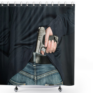 Personality  A Person Is Hiding A Handgun Under The Denim Belt. Shower Curtains