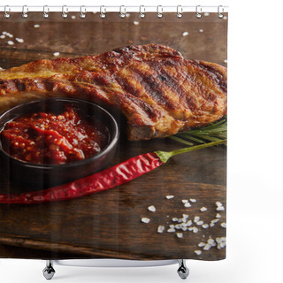Personality  Selective Focus Of Grilled Steak With Tomato Sauce And Chili Pepper On Cutting Board On Stone Background Shower Curtains