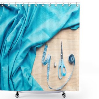 Personality  Top View Of Wooden Table With Blue Fabric, Scissors, Measuring Tape And Thimble Shower Curtains
