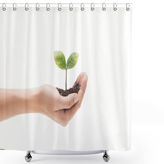 Personality  Cropped View Of Man Holding Ground With Green Leaves In Hand Isolated On White Shower Curtains