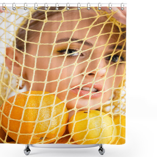 Personality  Portrait Of Woman In String Bag With Citrus Fruits Shower Curtains