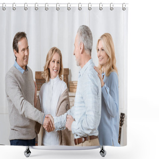Personality  Couple Of Middle Aged Man And Woman Greeting Their Friends As Guests And Shaking Hands Shower Curtains