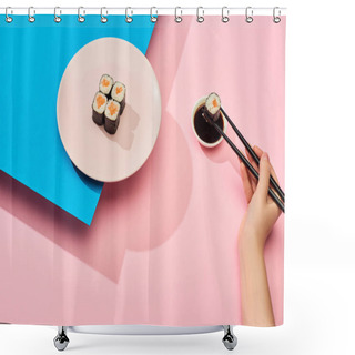 Personality  Cropped View Of Woman Eating Fresh Maki With Salmon Near Soy Sauce On Blue, Pink Background Shower Curtains