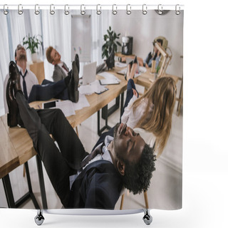 Personality  Exhausted Businesspeople Sleeping In Conference Hall With Feet On Table Shower Curtains