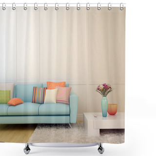 Personality  Blue Sofa With Colorful Pillows And A White Coffee Table Shower Curtains