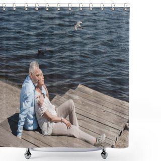 Personality  Casual Elderly Couple Relaxing At Riverside Shower Curtains