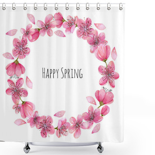 Personality  Watercolor Spring Blooming Cherry Tree Flowers Wreath, Hand Painted On A White Background Shower Curtains