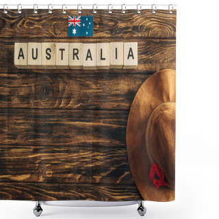 Personality  Top View Of Artificial Flower, Felt Hat And Australian Flag Near Cubes With Australia Lettering On Wooden Surface, Anzac Day Concept  Shower Curtains