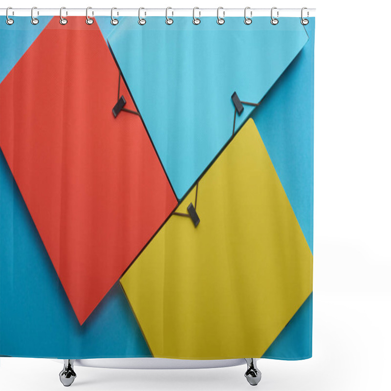Personality  Top View Of Arranged Colorful Paper Folders On Blue Shower Curtains
