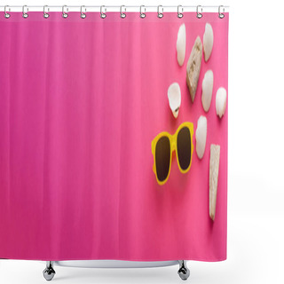 Personality  Top View Of Sunglasses And Seashells Near Copy Space On Pink Background, Banner  Shower Curtains