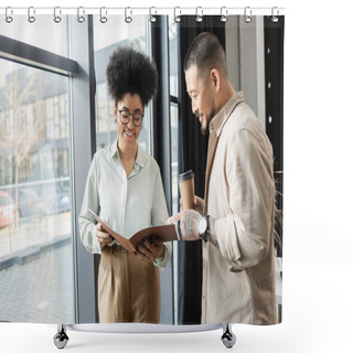 Personality  African American Woman Showing Startup Project In Folder To Happy Asian Businessman In Office Shower Curtains