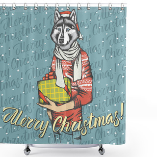 Personality  Husky Dog In Santa Hat Shower Curtains