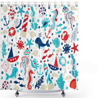 Personality  Vector Nautical Set With Various Sea Elements.  Shower Curtains