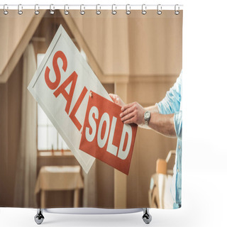 Personality  Cropped Shot Of Man Holding Sale And Sold Signboards In Front Of Cardboard House Shower Curtains