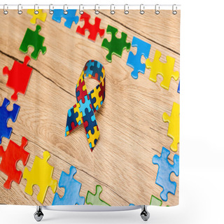 Personality  High Angle View Of Awareness Ribbon With Pieces Of Puzzle On Wooden Background, Autism Concept Shower Curtains