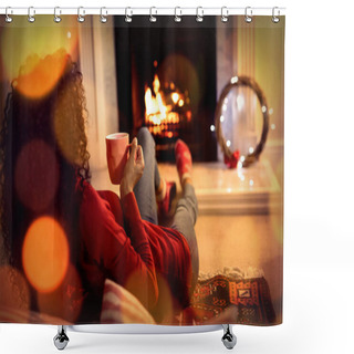 Personality  Composite Image Of Brown Parquet Against Woman At Home At Christmas Time Shower Curtains
