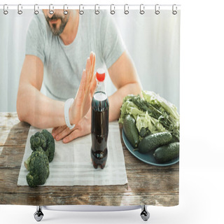 Personality  Unshaken Concentrated Man Gesticulating And Sitting By The Table. Shower Curtains