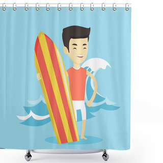 Personality  Surfer Holding Surfboard Vector Illustration. Shower Curtains