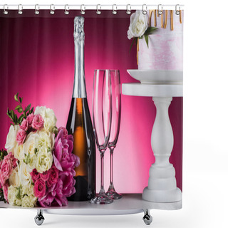 Personality  Wedding Bouquet, Champagne And Cake On Stand On Pink Shower Curtains