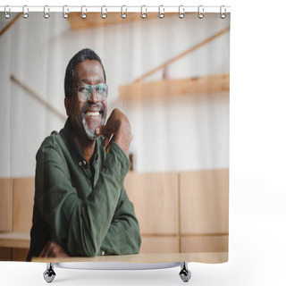 Personality  Happy Mature Man In Cafe Shower Curtains