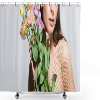 Personality  Cropped View Of Beautiful Young Woman In Beige Mesh Holding Bouquet Of Eustoma Flowers Isolated On Grey Shower Curtains
