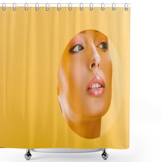 Personality  Portrait Of Beautiful Woman With Shiny Makeup In Paper Round Hole Looking Away Isolated On Yellow Shower Curtains