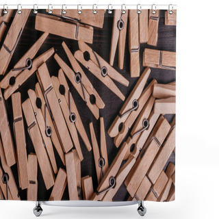 Personality  Top View On Many Spring Type Wooden Clothespins Shower Curtains