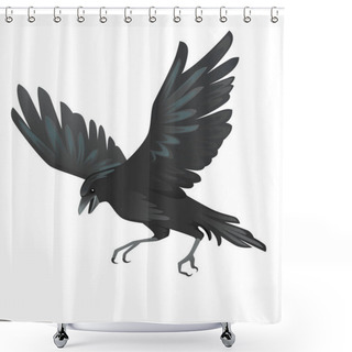Personality  Black Raven Bird Cartoon Crow Design Flat Vector Animal Illustration Isolated On White Background. Shower Curtains