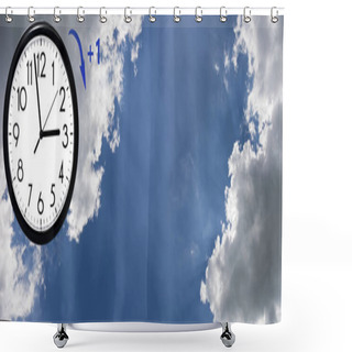 Personality  Daylight Saving Time (DST). Blue Sky With White Clouds And Clock. Turn Time Forward (+1h). Shower Curtains