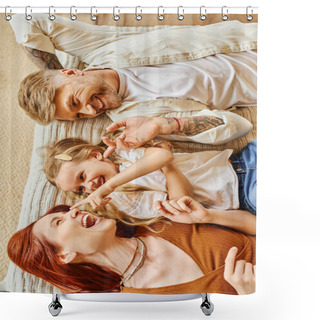 Personality  Top View Of Joyful Parents With Cute Daughter Lying Down And Having Fun On Bed, Relaxation Time Shower Curtains