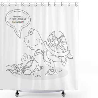 Personality  Black And White Coloring Book Page. Cartoon Character Of A Funny Cute Turtle And Underwater Shells With Plants. Card From A Set For The Development Of Children. Vector Illustration Shower Curtains