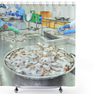 Personality  Tra Vinh, Vietnam - November 19, 2012: Workers Are Rearranging Peeled Shrimp Onto A Tray To Put Into The Frozen Machine In A Seafood Factory In The Mekong Delta Of Vietnam Shower Curtains