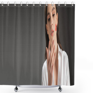 Personality  Pretty Woman With Red Lipstick Mark On Face Looking At Hand On Grey Background, Banner Shower Curtains
